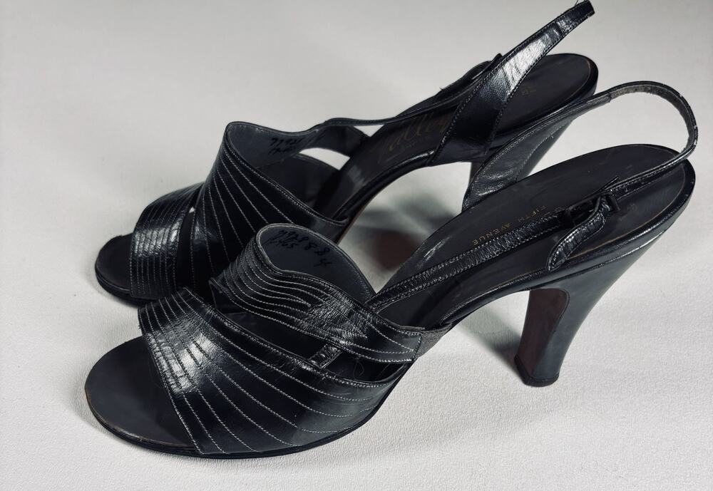 VTG Best & Co Fifth Ave Black Leather Retro Glam Peep Toe Heels 6.5 Mad Men